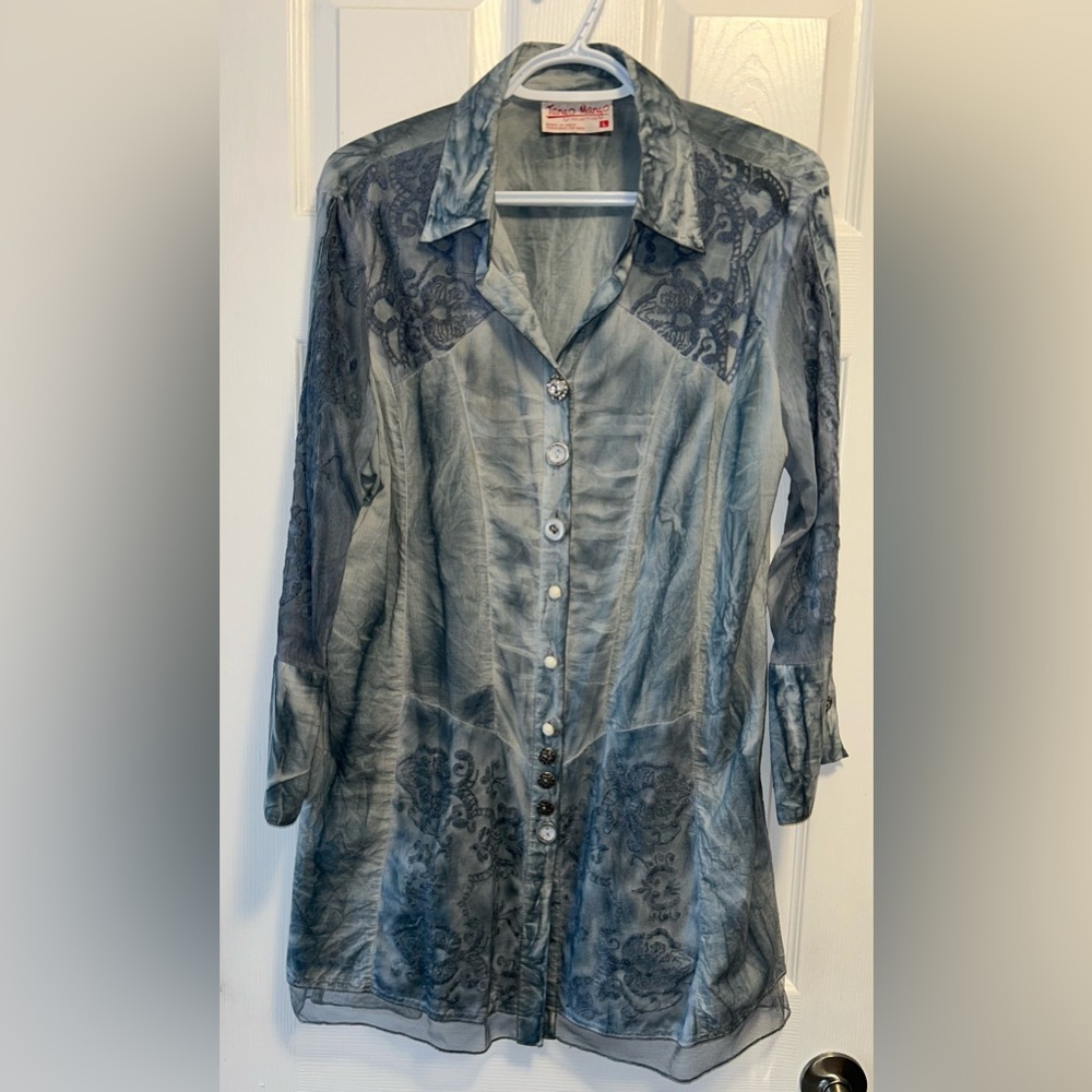 Tango Mango Sheer Blue Tye Dye Button-Up Blouse With Lace And Embroidery
